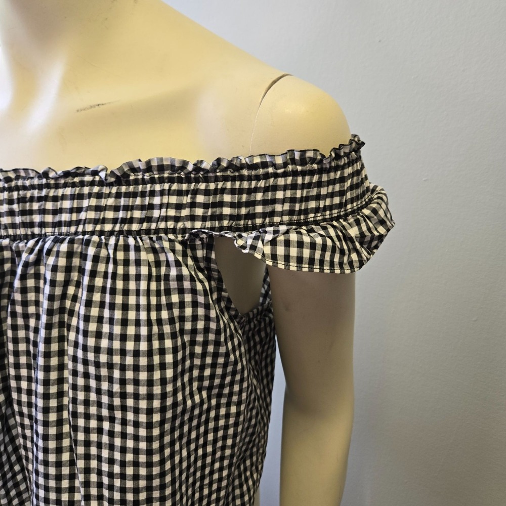 Guess Gingham Off-Shoulder Blouse Black & White Plaid Top Cottage Peasant Prairi - Picture 2 of 10